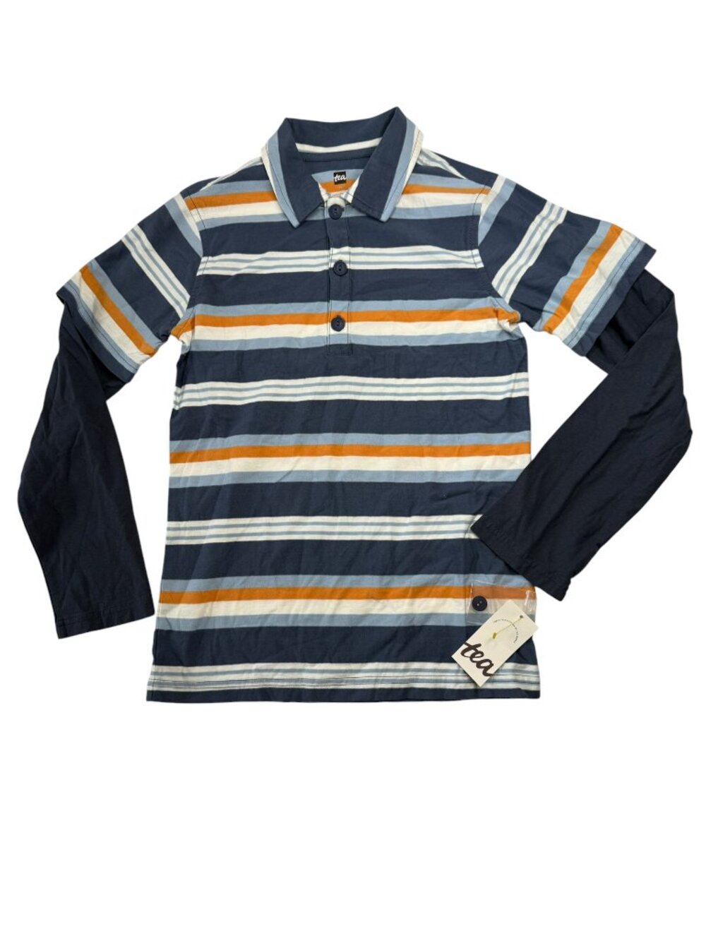 New NWT TEA Brand Double Polo Shirt Long Sleeve Striped Blue White Orange Sz 12